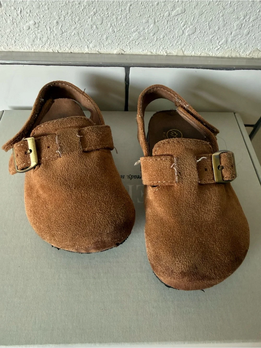 Kids Brown Suede Buckle Clog Sandals